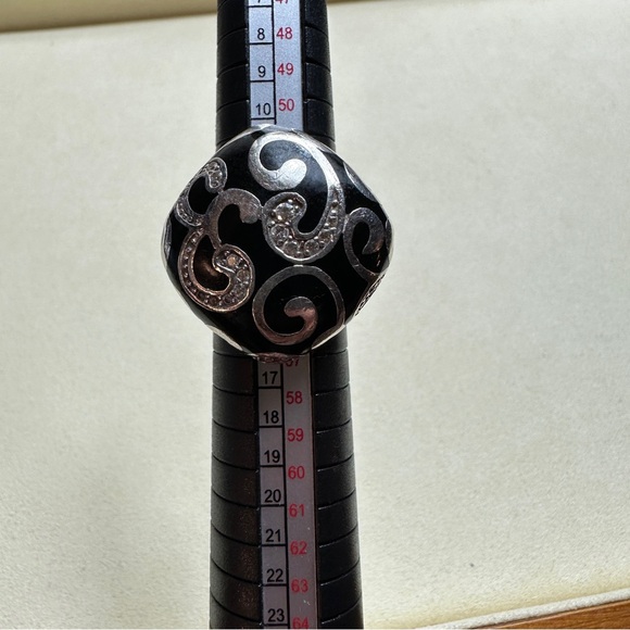 Sterling Silver 925 Black Enamel and Rhinestone Ring - Picture 4 of 14